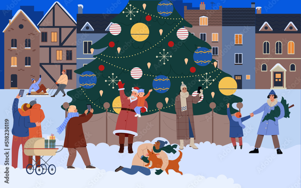 Happy christmas night. Cheerful people, families with children and couples next to Christmas tree in city center on New Year Eve. Design element for greeting card. Cartoon flat vector illustration