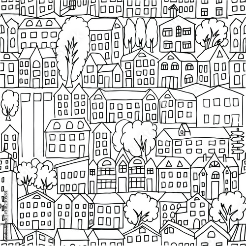 Cityscape seamless pattern. Thin line city background. panorama architecture city landscape wallpaper. Building structure illustration. City life.