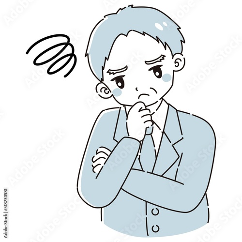 腕を組んで悩むスーツを着たシニア男性のイラスト