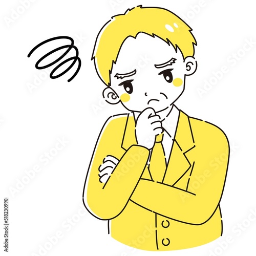腕を組んで悩むスーツを着たシニア男性のイラスト