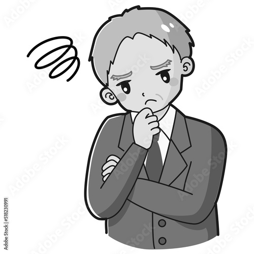 腕を組んで悩むスーツを着たシニア男性のイラスト