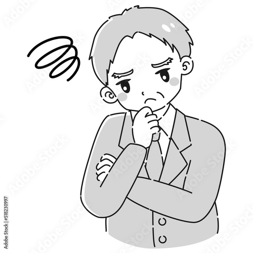 腕を組んで悩むスーツを着たシニア男性のイラスト