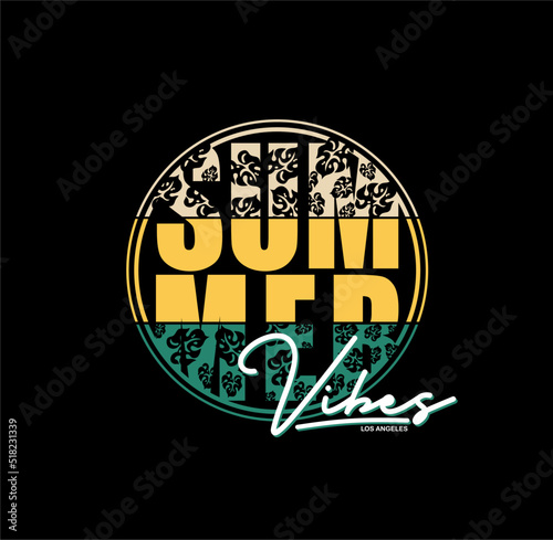 Summer Vibes retro slogan with waves and and sun vector illustrations. For t-shirt prints and other uses