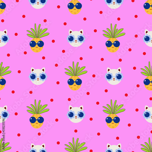 Vector seamless pattern with happy cat and funny pineapple. Summer colorful background. Flat. Design for fabric,cover,wrapping paper,cards.