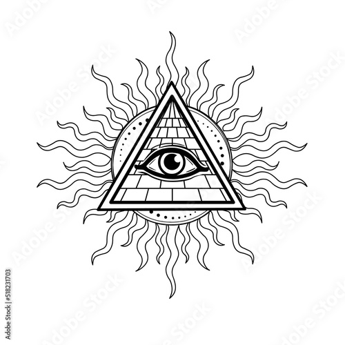 Animation monochrome drawing: symbol of  Egyptian pyramid, all-seeing eye, sun rays. Egyptian history and mythology. Vector illustration isolated on a white background. Print, poster.