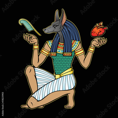 Animation portrait: Ancient Egyptian god Anubis holds human heart and pen. Afterlife ritual. God of death. Egyptian history and mythology. Vector illustration isolated on a black background.