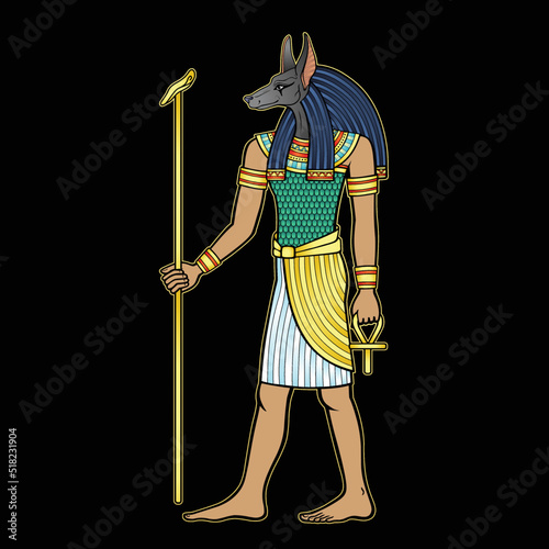 Animation portrait: Ancient Egyptian god Anubis holds a staff and an anch cross. Full growth.  Deity with canine head. God of death.  View profile. Vector illustration isolated on a black background.