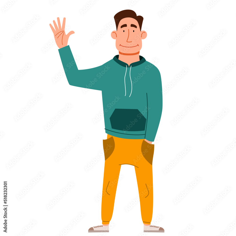 A fashionable handsome man in casual clothes greets. Friendly greeting of a young guy. Vector illustration in a flat style, isolated on a white background. A fashionable handsome man in casual clothes greets. Friendly greeting of a young guy. Vector illustration in a flat style, isolated on a white background.