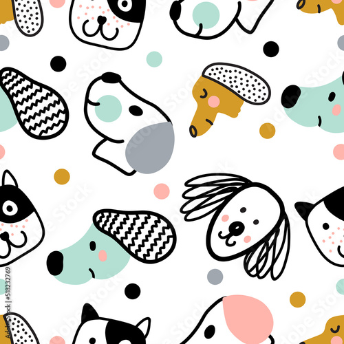 Cute doggie. Funny children's seamless pattern. Can be used in textile industry, paper, background, scrapbooking.Vector.