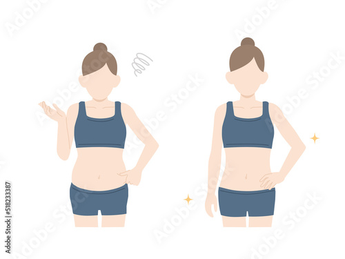 女性のウエスト　くびれ　スリム　お腹の脂肪　ダイエット　贅肉　イラスト