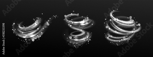 Winter wind effect with swirls and waves of white mist clouds with snow. Vector realistic set of blizzard, frost blowing air with snowflakes isolated on transparent background
