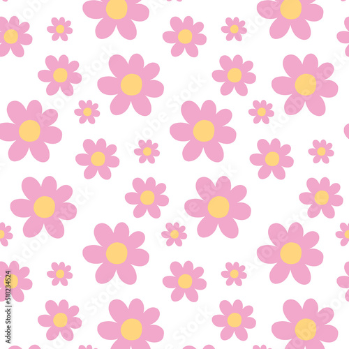 Groovy pattern with flowers. Retro pattern with pink flowers. Seamless pattern in 60s or 70s style. Vector illustration.