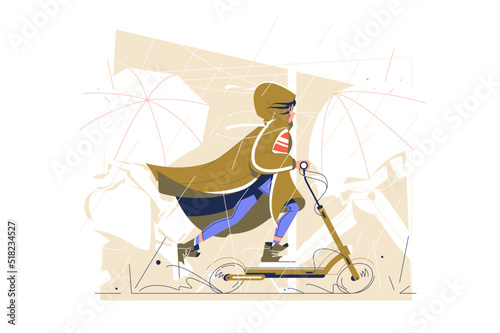 Girl riding scooter under rain