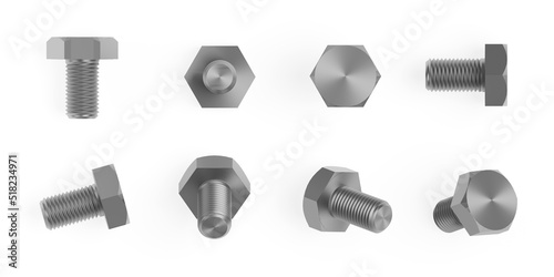 Stainless steel hex head screw in various positions for online shop product card. Isolated on white background. 3d illustration.