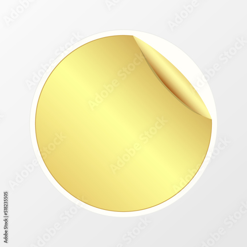 Bright shiny gold sticker with a peeled off edge. 3 D. Vector illustration.