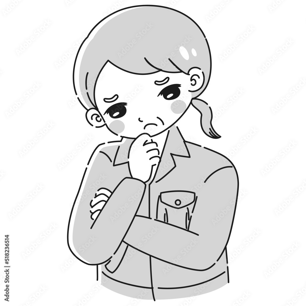 考え事をしている作業服を着たシニア女性のイラスト 考え事をしている作業服を着たシニア女性のイラスト