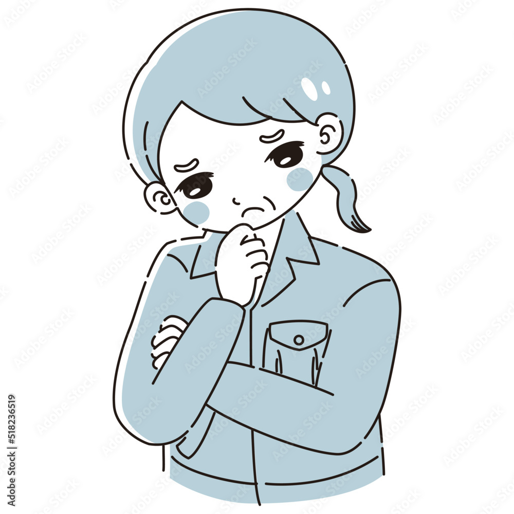 考え事をしている作業服を着たシニア女性のイラスト 考え事をしている作業服を着たシニア女性のイラスト