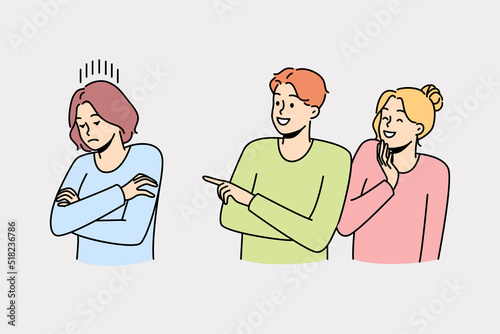 Unfriendly people laugh at lonely girl pointing at her. Bad students bullying gossiping about female mate. Concept of mockery and bully. Vector illustration.  © Dzianis Vasilyeu