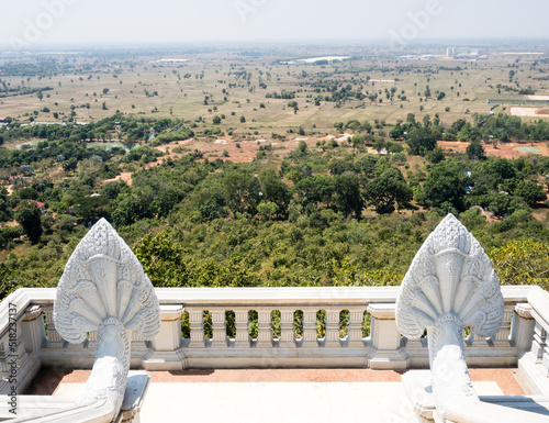 Scenic view from the observation platform at the top of Oudong mountain temple complex in Cambodia photo