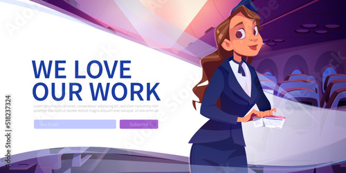 Aircraft crew work banner with stewardess inside airplane cabin. Vector poster with cartoon illustration of woman air hostess in professional uniform check boarding pass in plane