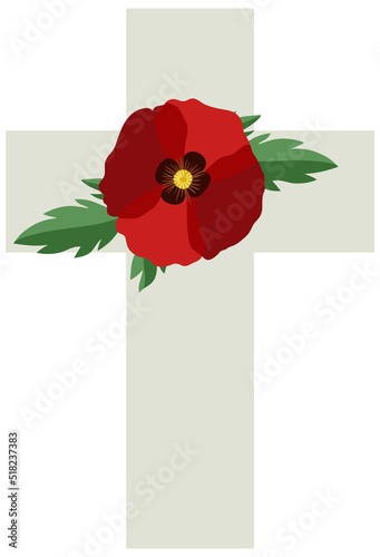 Poppy flowers on cross gravestone for remembrance day icon