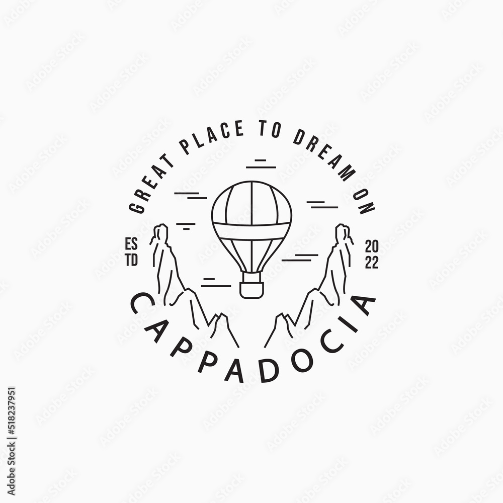 Cappadocia air balloon festival logo concept. Simple line art hot air balloon float logo design. Travel air balloon float above rock valley. Cappadocia air balloon festival logo concept. Simple line art hot air balloon float logo design. Travel air balloon float above rock valley.