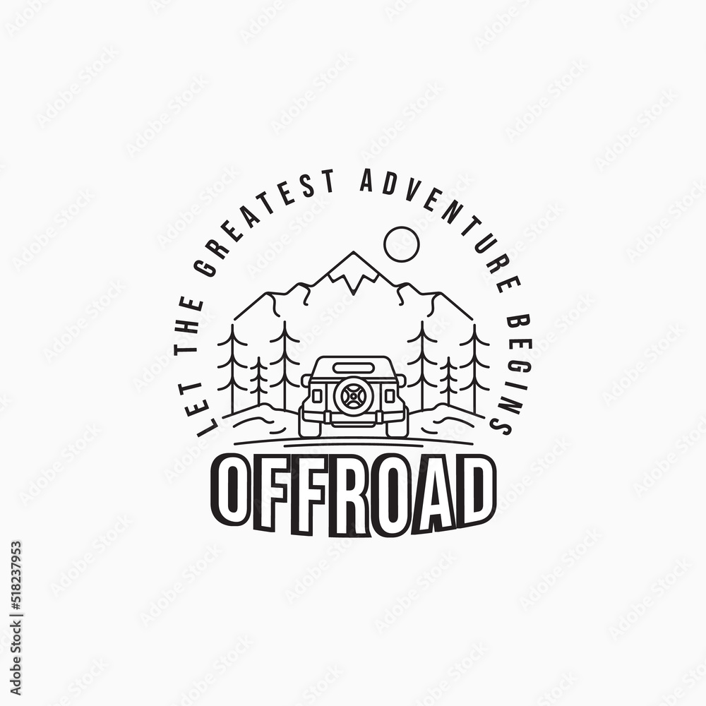 Offroad mountain adventure travel logo design. Travel industry minimalist line art logo concept. Adventure community emblem badge design.