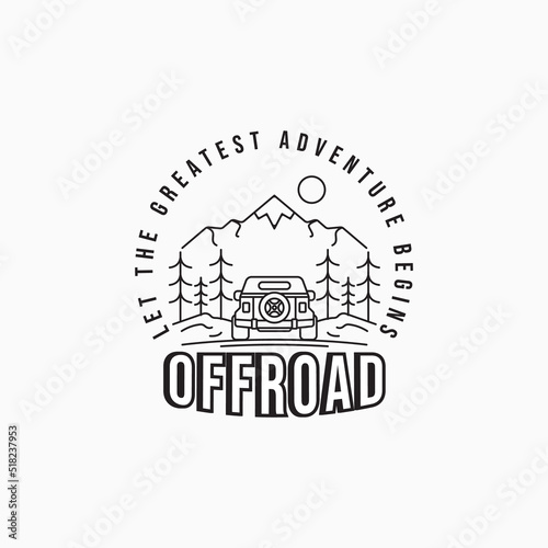 Offroad mountain adventure travel logo design. Travel industry minimalist line art logo concept. Adventure community emblem badge design.