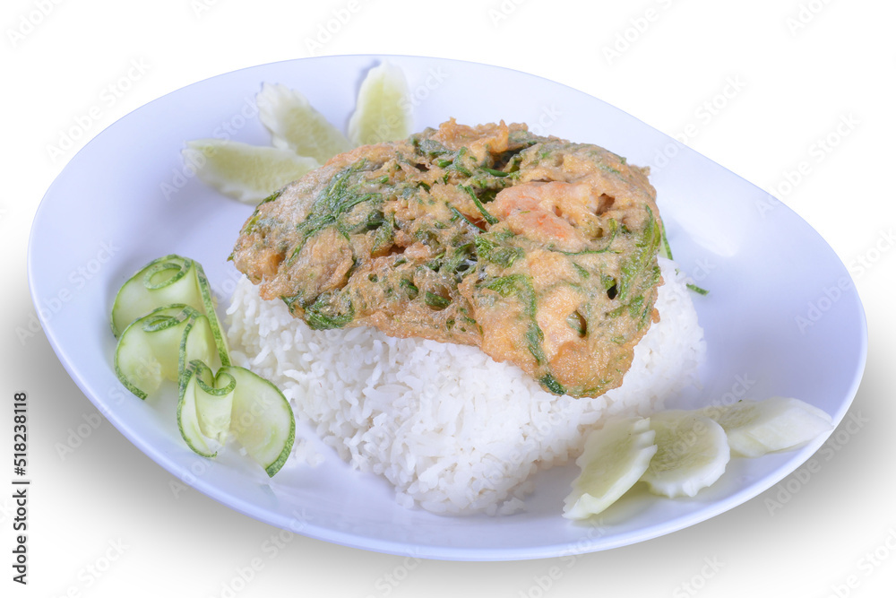 Omelet or Acacia Pennata served with jasmine rice in white dish isolated on white background with clipping path Omelet or Acacia Pennata served with jasmine rice in white dish isolated on white background with clipping path