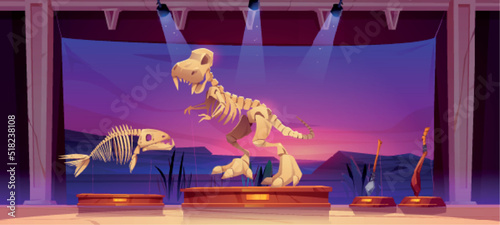 Historical museum with fossil dinosaur and fish skeletons, stone age tools. Vector cartoon illustration of paleontology exhibition with prehistoric extinct animals bones and archaeology exhibits