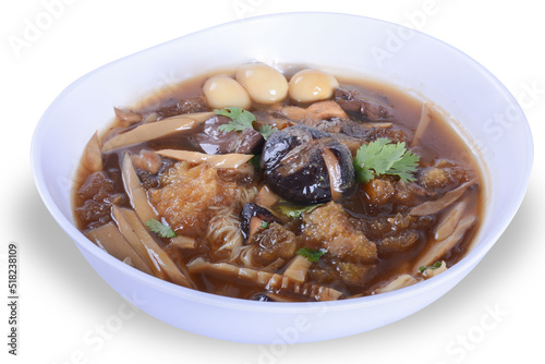 Braised Fish Maw in Red Gravy with crab in bowl on white background. on white bowl for Thai food and with clipping path
