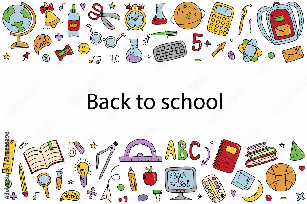 Fototapeta premium Background with school and educational items in doodle style, hand drawn vector symbols and objects. Colorful drawings for your design for Teacher's Day