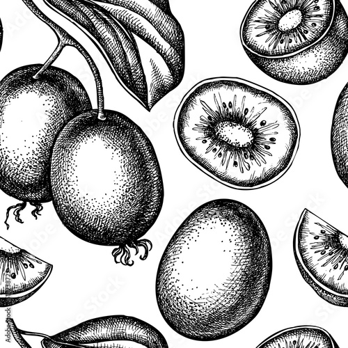 Fruits seamless pattern background design. Engraved style. Hand drawn kiwi fruit.