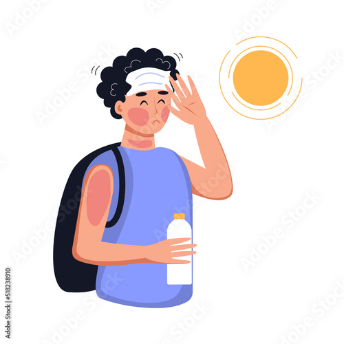 Human have heat stroke. Dehydration, sun overheating, hot summer concept. Red skin, headache, perspire symptoms. Vector flat illustration.