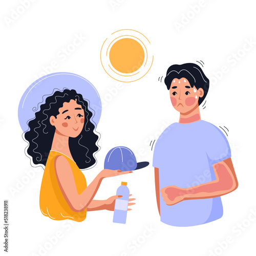 Human have heat stroke. Dehydration, sun overheating, hot summer concept. Red skin, headache, perspire symptoms. Vector flat illustration.