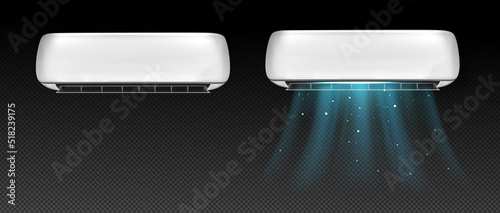 Air conditioner with climate control technology. Split system with cold wind flows. Vector realistic mockup of white air purifier for home and office isolated on transparent background