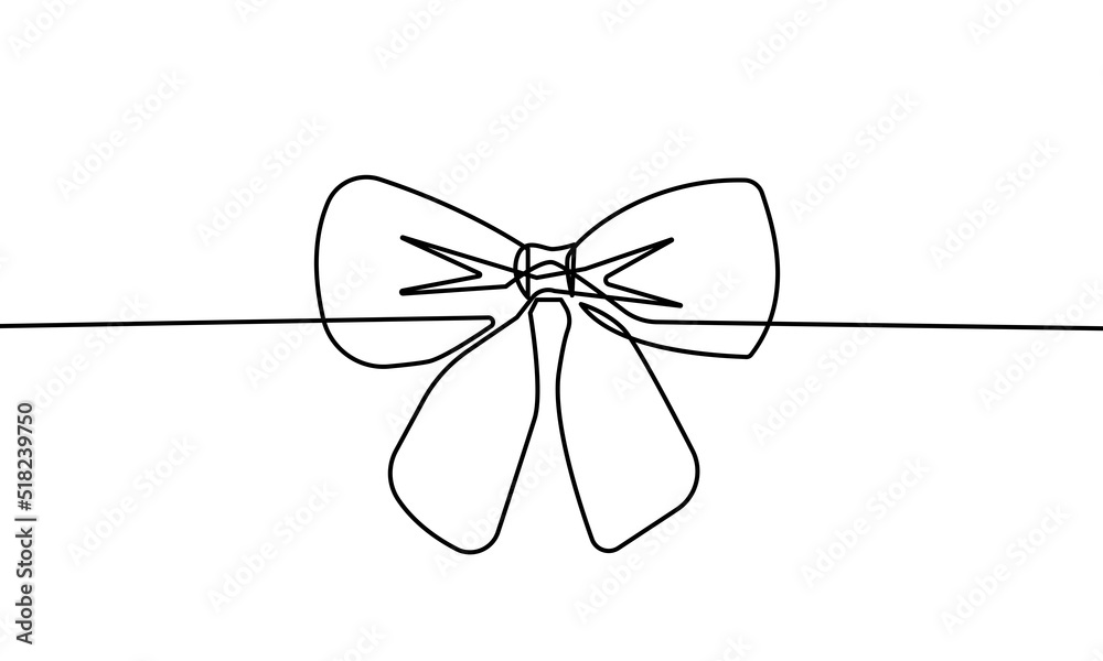 Bow Simple Line Art Drawing. Bow Silhouette Black Sketch on White Background. Continuous Line Drawing of Holiday Symbol Abstract Minimalist Vector Illustration.