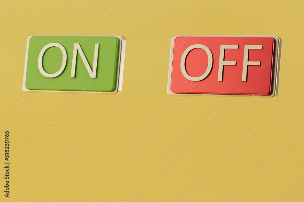 icons green button turn on and red button turn off on a yellow background with a place for a signature. 3d illustration. 3d render icons green button turn on and red button turn off on a yellow background with a place for a signature. 3d illustration. 3d render