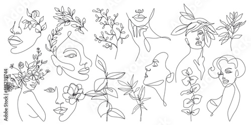 Woman Faces  Leaves  Plants  Lines Line art Drawing Set. Vector Set of Minimal Abstract Line Art Elements for Modern Graphic Design.