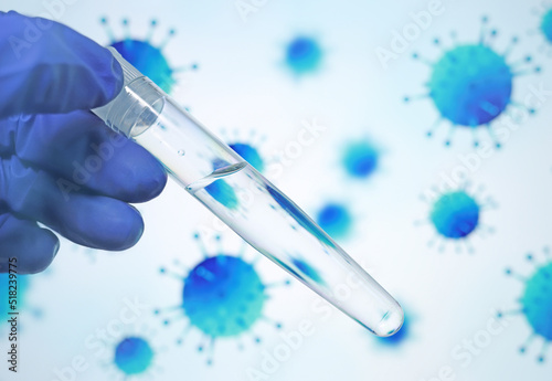 Gloved doctor's hand holds test tube with transparent liquid on background of bacteria illustration. Bacterias in water, contaminated water concept. Risk of getting sick from polluted water. 