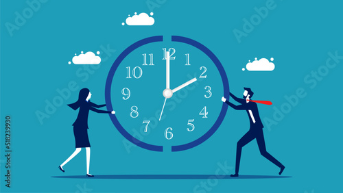 Time management. Businessmen helping to assemble a watch. vector illustration