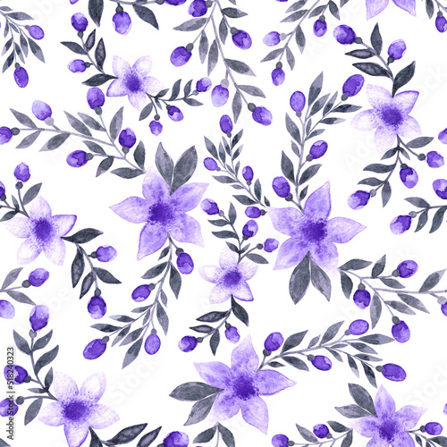 Floral hand drawn watercolor seamless endless pattern with lots of beautiful violet purple colored flowers with grey leaves and buds as aquarelle element for print fabric  cards  textile.Isolated 