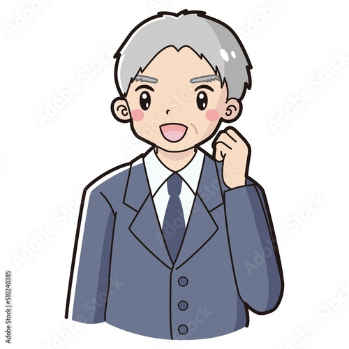 ガッツポーズをするスーツを着たシニア男性のイラスト
