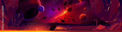 Cartoon red space background with glowing galaxy nebula and flying rocks and planets in dark starry sky. Birth of new star, explode in universe. Fantasy alien world, cosmos view, Vector illustration