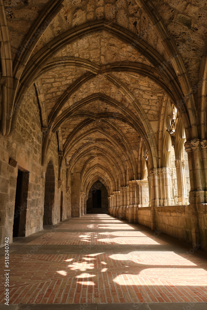 Monastery of Santa María la Real de Iranzu, abbey corridors with sculpted stone arches, Navarra, Spain.
