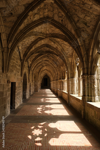 Monastery of Santa Mar  a la Real de Iranzu  abbey corridors with sculpted stone arches  Navarra  Spain.