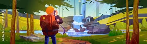 Traveler making picture on camera of scenery landscape with waterfall cascade fall from rock into pond in summer forest. Travel, journey adventure. Tourist with backpack Cartoon vector illustration