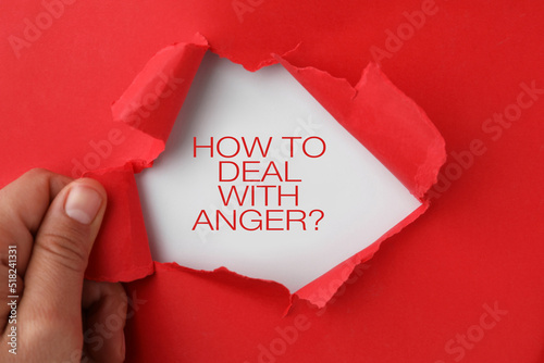 Billede på lærred Woman tearing red paper to reveal inscription How To Deal With Anger? on white b