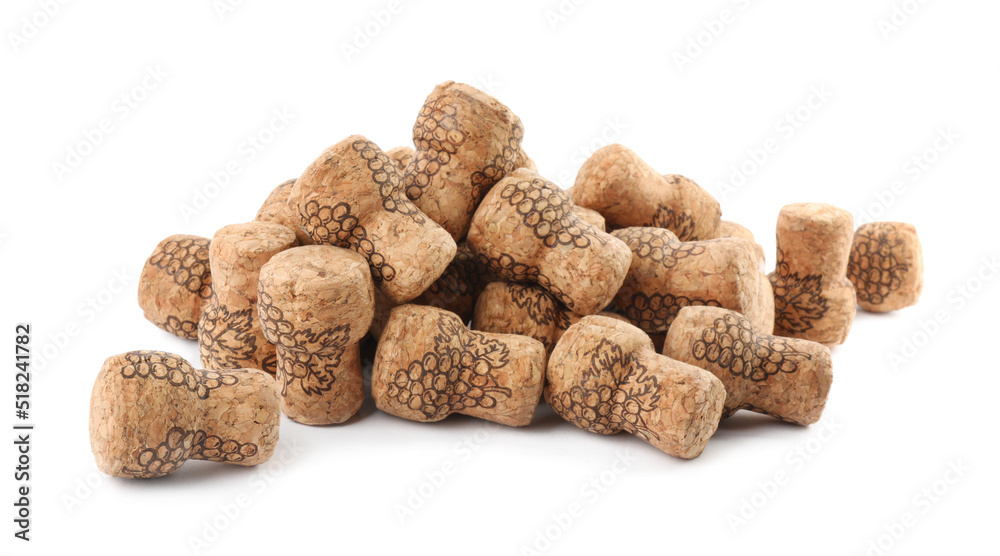 Heap of sparkling wine corks on white background Heap of sparkling wine corks on white background