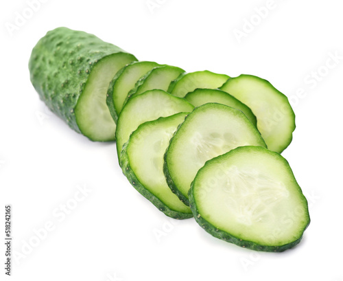 Fresh green sliced cucumber on white background